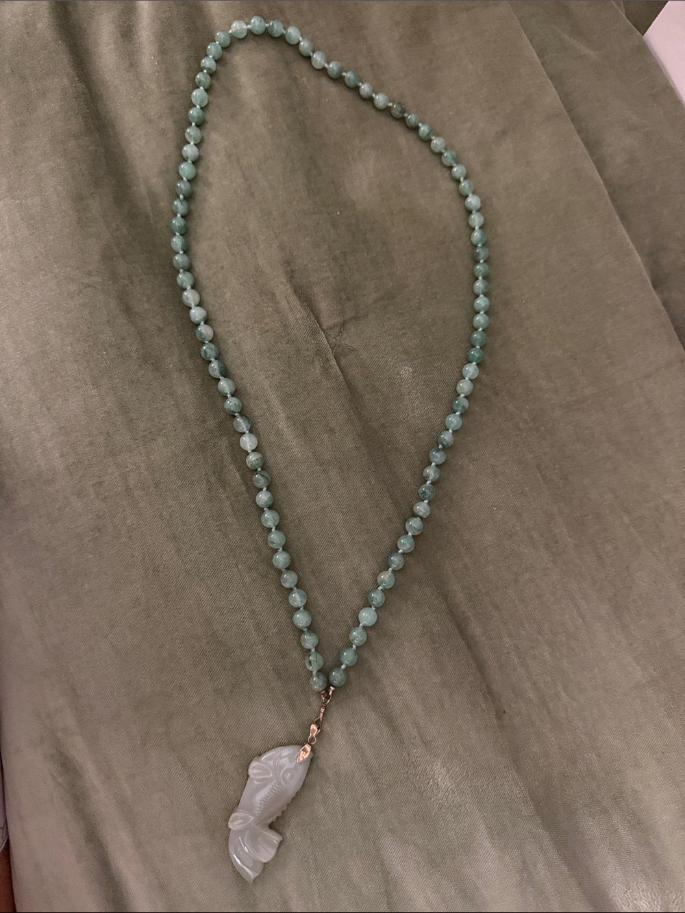 Beaded Green Jade Necklace with Carved Fish Pendant